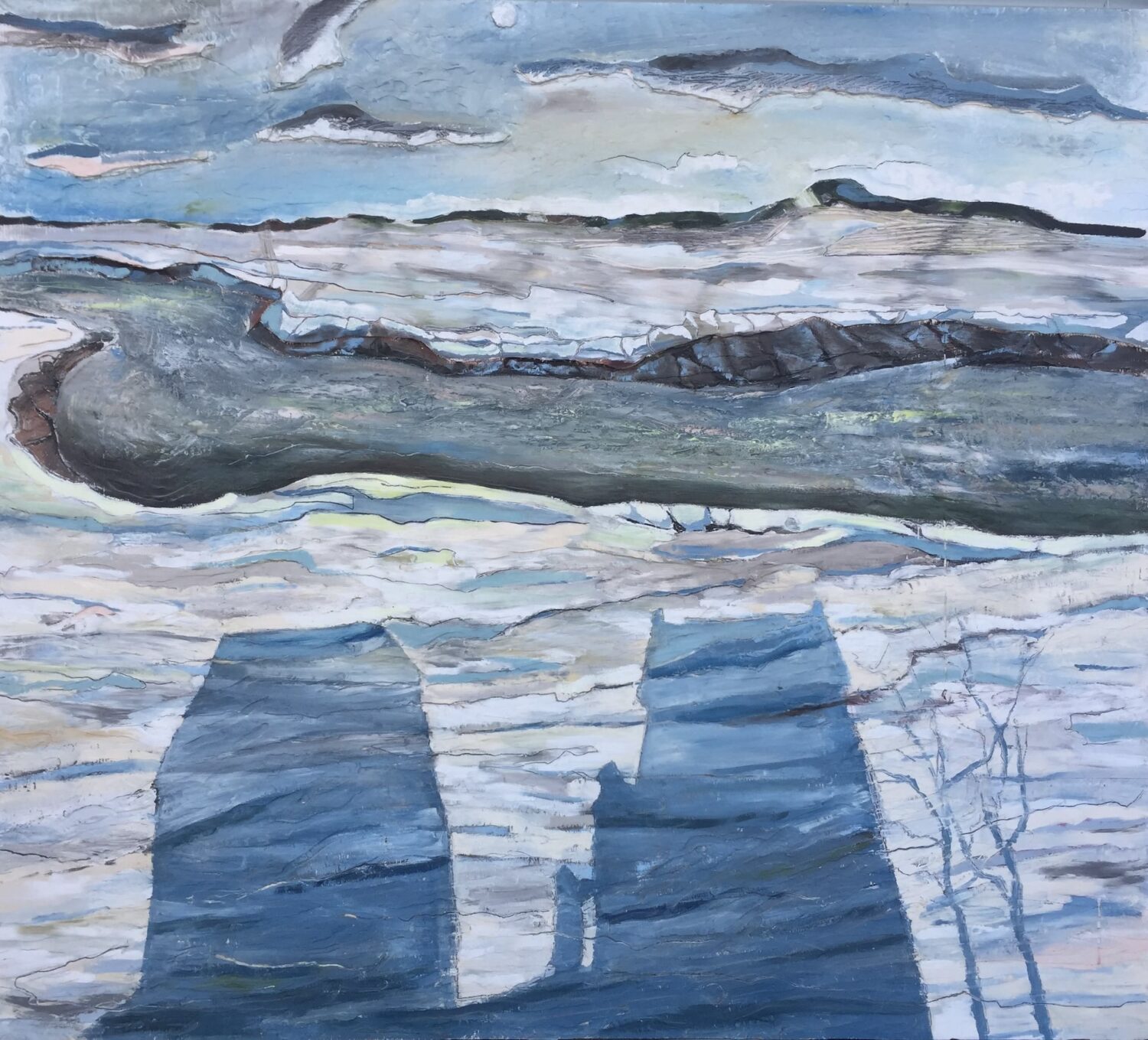 Memramcook River, 1998, oil on routed plywood, painted by Dennis Austin Reid